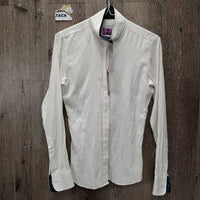 LS Thin Show Shirt, magnetic collar *gc/fair, frayed seam, snags, runs, older, seam puckers, cuff rubs