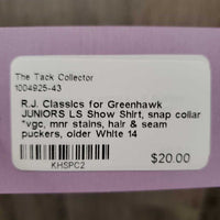 JUNIORS LS Show Shirt, snap collar *vgc, mnr stains, hair & seam puckers, older