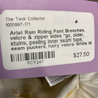 Rain Riding Pant Breeches, velcro & zipper sides *gc, older, stains, peeling inner seam tape, seam puckers, hairy velcro

