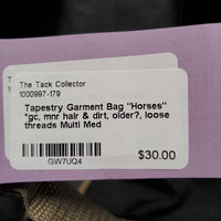 Tapestry Garment Bag "Horses" *gc, mnr hair & dirt, older?, loose threads
