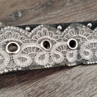 Leather "Lace" & Bling Western Belt, Tooled Buckle *vgc/gc, clean, snags, dents, v.rubbed & scraped edges, peeled lace
