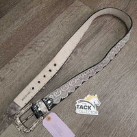 Leather "Lace" & Bling Western Belt, Tooled Buckle *vgc/gc, clean, snags, dents, v.rubbed & scraped edges, peeled lace