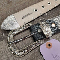 Leather "Lace" & Bling Western Belt, Tooled Buckle *vgc/gc, clean, snags, dents, v.rubbed & scraped edges, peeled lace