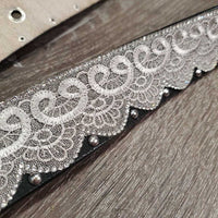 Leather "Lace" & Bling Western Belt, Tooled Buckle *vgc/gc, clean, snags, dents, v.rubbed & scraped edges, peeled lace