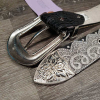 Leather "Lace" & Bling Western Belt, Tooled Buckle *vgc/gc, clean, snags, dents, v.rubbed & scraped edges, peeled lace