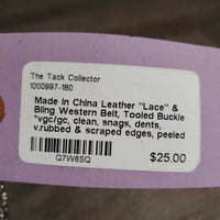 Leather "Lace" & Bling Western Belt, Tooled Buckle *vgc/gc, clean, snags, dents, v.rubbed & scraped edges, peeled lace
