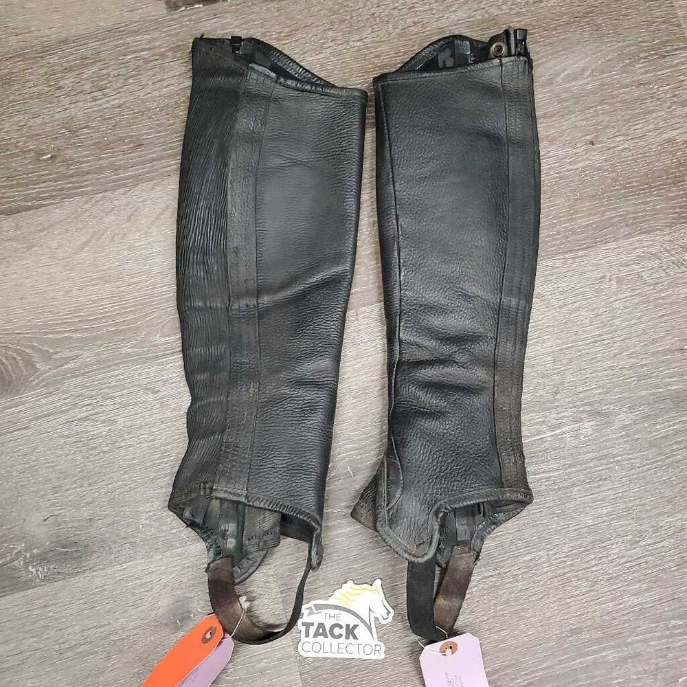Hvy Leather Half Chaps, bag *gc, clean, mnr dirt, rubs & fading, undone stitching
