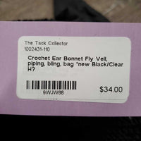 Crochet Ear Bonnet Fly Veil, piping, bling, bag *new