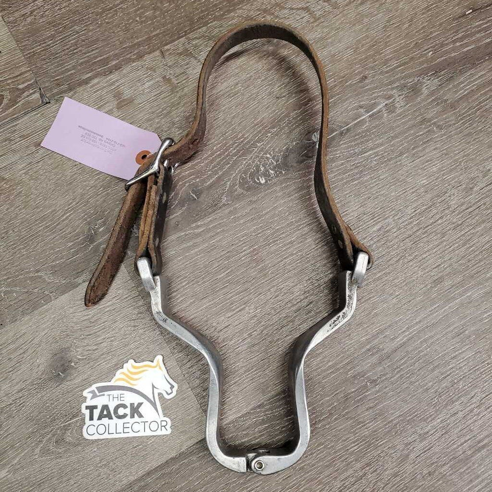 Hvy Aluminum Nut Cracker Cribbing Collar, Thick Leather Strap *gc, dirty, older, stains, loose - squeaky joint, stiff, dry, xholes, rubs, faded