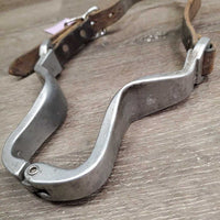 Hvy Aluminum Nut Cracker Cribbing Collar, Thick Leather Strap *gc, dirty, older, stains, loose - squeaky joint, stiff, dry, xholes, rubs, faded
