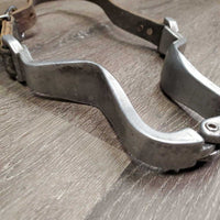 Hvy Aluminum Nut Cracker Cribbing Collar, Thick Leather Strap *gc, dirty, older, stains, loose - squeaky joint, stiff, dry, xholes, rubs, faded
