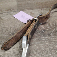 Hvy Aluminum Nut Cracker Cribbing Collar, Thick Leather Strap *gc, dirty, older, stains, loose - squeaky joint, stiff, dry, xholes, rubs, faded
