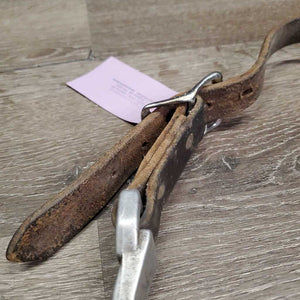 Hvy Aluminum Nut Cracker Cribbing Collar, Thick Leather Strap *gc, dirty, older, stains, loose - squeaky joint, stiff, dry, xholes, rubs, faded
