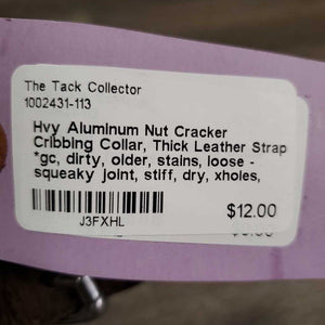 Hvy Aluminum Nut Cracker Cribbing Collar, Thick Leather Strap *gc, dirty, older, stains, loose - squeaky joint, stiff, dry, xholes, rubs, faded