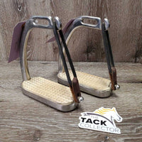 Peacock Hvy Safety Stirrup Irons, grips, elastics, keepers *gc, clean, scratches, scuffs, dirt?residue, cracking elastics
