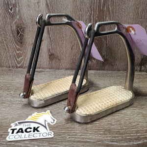 Peacock Hvy Safety Stirrup Irons, grips, elastics, keepers *gc, clean, scratches, scuffs, dirt?residue, cracking elastics