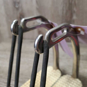Peacock Hvy Safety Stirrup Irons, grips, elastics, keepers *gc, clean, scratches, scuffs, dirt?residue, cracking elastics