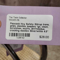 Peacock Hvy Safety Stirrup Irons, grips, elastics, keepers *gc, clean, scratches, scuffs, dirt?residue, cracking elastics
