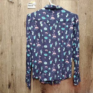 LS Light Cotton Western Shirt "Cactus", snaps *gc, pit sparkles, crinkled, seam puckers
