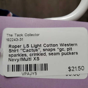 LS Light Cotton Western Shirt "Cactus", snaps *gc, pit sparkles, crinkled, seam puckers