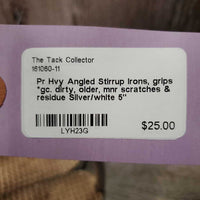 Pr Hvy Angled Stirrup Irons, grips *gc. dirty, older, mnr scratches & residue
