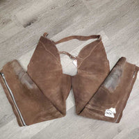 Hvy Suede Full Chaps, zips *gc, dirty, rubs, older, stains, stiff, faded
