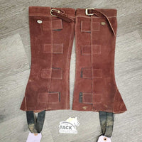 Hvy Suede Half Chaps, velcro closures, Top Buckle Strap *vgc, older, mnr dirt, stretched els, threads, faded
