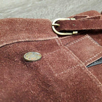 Hvy Suede Half Chaps, velcro closures, Top Buckle Strap *vgc, older, mnr dirt, stretched els, threads, faded
