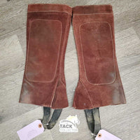 Hvy Suede Half Chaps, velcro closures, Top Buckle Strap *vgc, older, mnr dirt, stretched els, threads, faded
