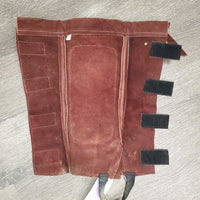 Hvy Suede Half Chaps, velcro closures, Top Buckle Strap *vgc, older, mnr dirt, stretched els, threads, faded
