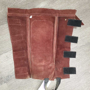 Hvy Suede Half Chaps, velcro closures, Top Buckle Strap *vgc, older, mnr dirt, stretched els, threads, faded