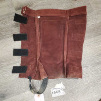 Hvy Suede Half Chaps, velcro closures, Top Buckle Strap *vgc, older, mnr dirt, stretched els, threads, faded