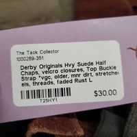 Hvy Suede Half Chaps, velcro closures, Top Buckle Strap *vgc, older, mnr dirt, stretched els, threads, faded