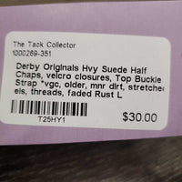 Hvy Suede Half Chaps, velcro closures, Top Buckle Strap *vgc, older, mnr dirt, stretched els, threads, faded