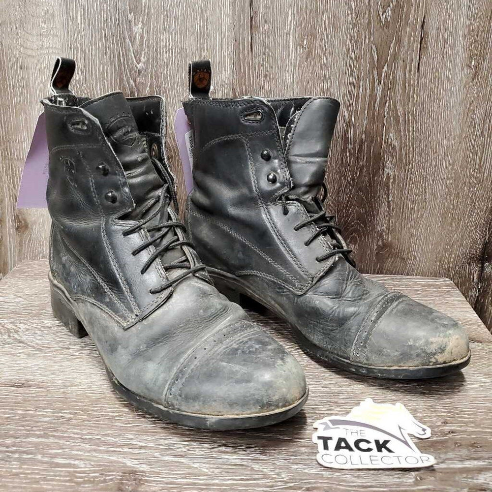 Pr Paddock Boots, Laces *fair, faded, thin/holey inside lining, torn & frayed elastic, v.scuffed, dirty