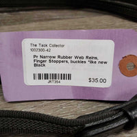 Pr Narrow Rubber Web Reins, Finger Stoppers, buckles *like new