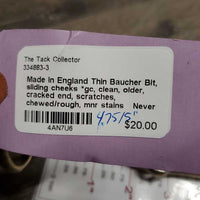 Thin Baucher Bit, sliding cheeks *gc, clean, older, cracked end, scratches, chewed/rough, mnr stains
