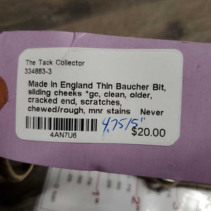Thin Baucher Bit, sliding cheeks *gc, clean, older, cracked end, scratches, chewed/rough, mnr stains