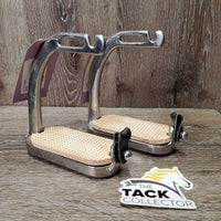 Hvy Peacock Safety Stirrup Irons, grips, 2 leather keepers *vgc, clean, scratches, stains, NO Elastics
