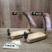 Hvy Peacock Safety Stirrup Irons, grips, 2 leather keepers *vgc, clean, scratches, stains, NO Elastics