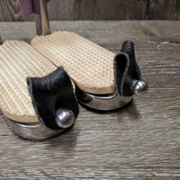 Hvy Peacock Safety Stirrup Irons, grips, 2 leather keepers *vgc, clean, scratches, stains, NO Elastics

