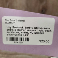 Hvy Peacock Safety Stirrup Irons, grips, 2 leather keepers *vgc, clean, scratches, stains, NO Elastics
