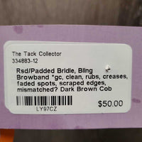 Rsd/Padded Soft Bridle, Bling Browband *gc, clean, rubs, creases, faded spots, scraped edges, mismatched?