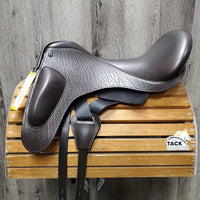 18" *Adjustable Encore EQ Dressage Saddle, Blue EQ Cover, 2 Saddle Pads (Black, White), 4 Discs (2 thin/front, 2 wide/back), 2 Flaps, tools, Serial #: 8503
