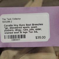 Hvy Euro Seat Breeches *gc, discolored spots, seam puckers, dingy, rubs, pills, older, stained seat & legs