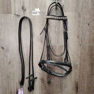 Rsd Dressage Bridle, Wide Bling Browband, Crank, Flash, Plain Reins, Buckles *new, mnr dusty, crackled end, stiff