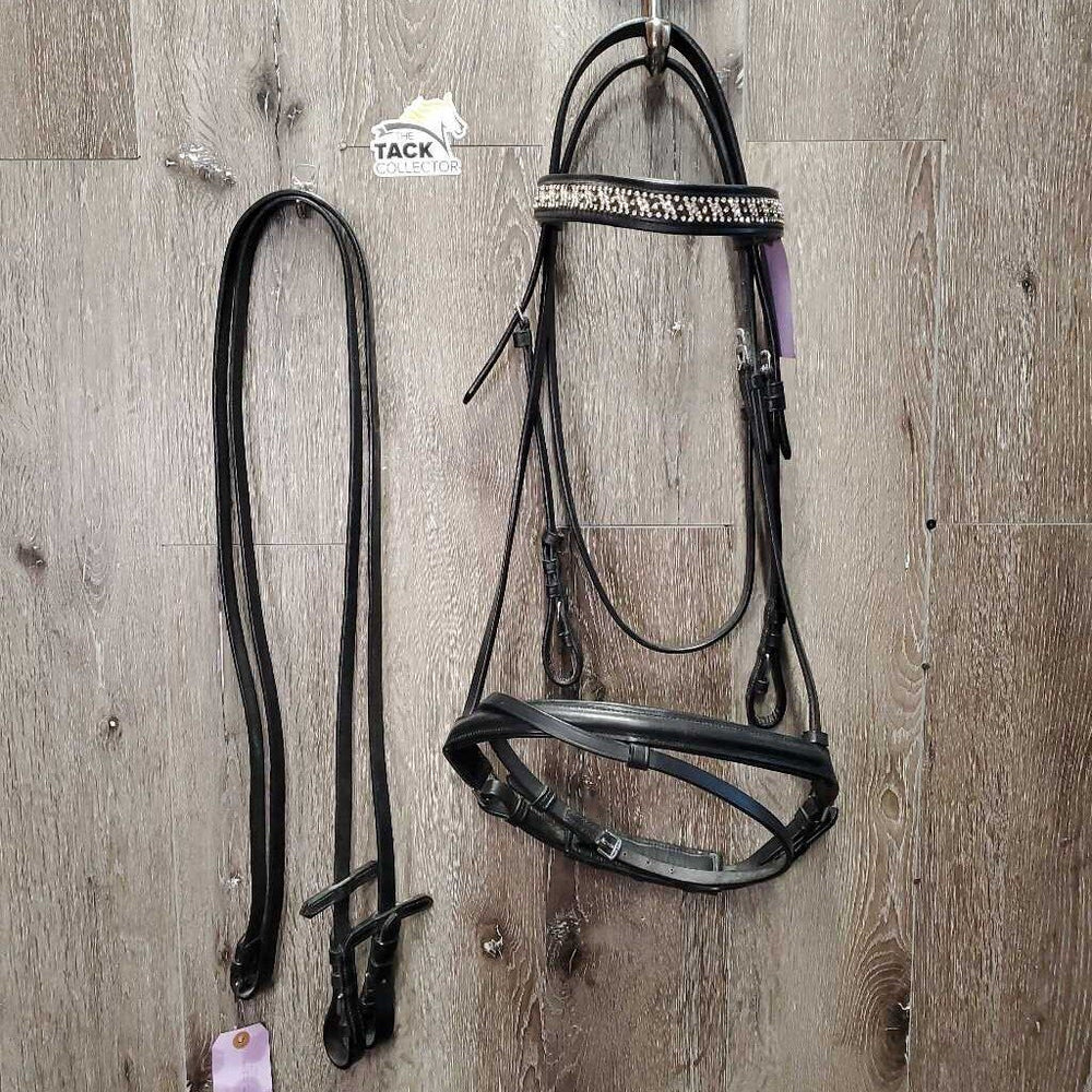 Rsd Dressage Bridle, Wide Bling Browband, Crank, Flash, Plain Reins, Buckles *new, mnr dusty, crackled end, stiff