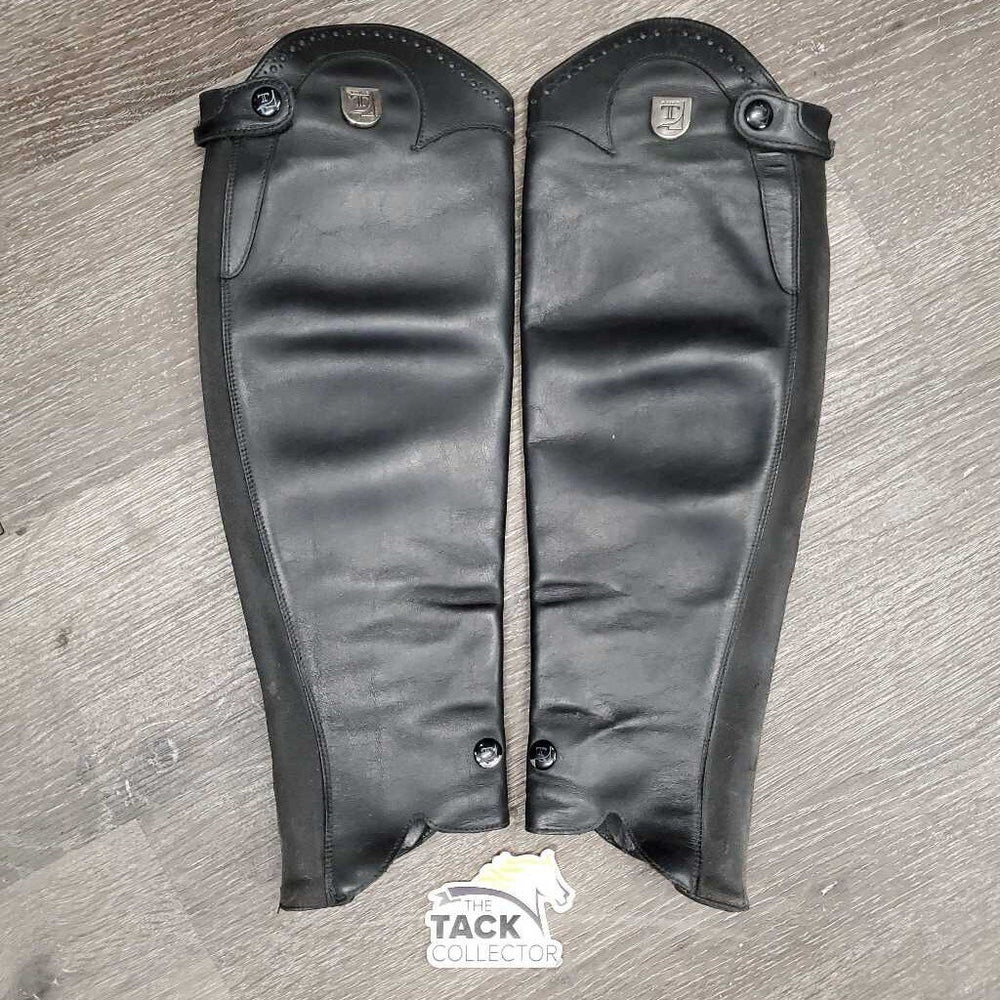 Leather Half Chaps, Back Zipper, Punched Top *vgc/gc, chipped snaps, mnr dirt, rubs, creases & stretched elastic