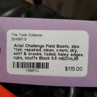 Field Boots, zips *fair, repaired, clean, v.torn, dry, stiff & cracks, faded, holey edges, rubs, scuffs