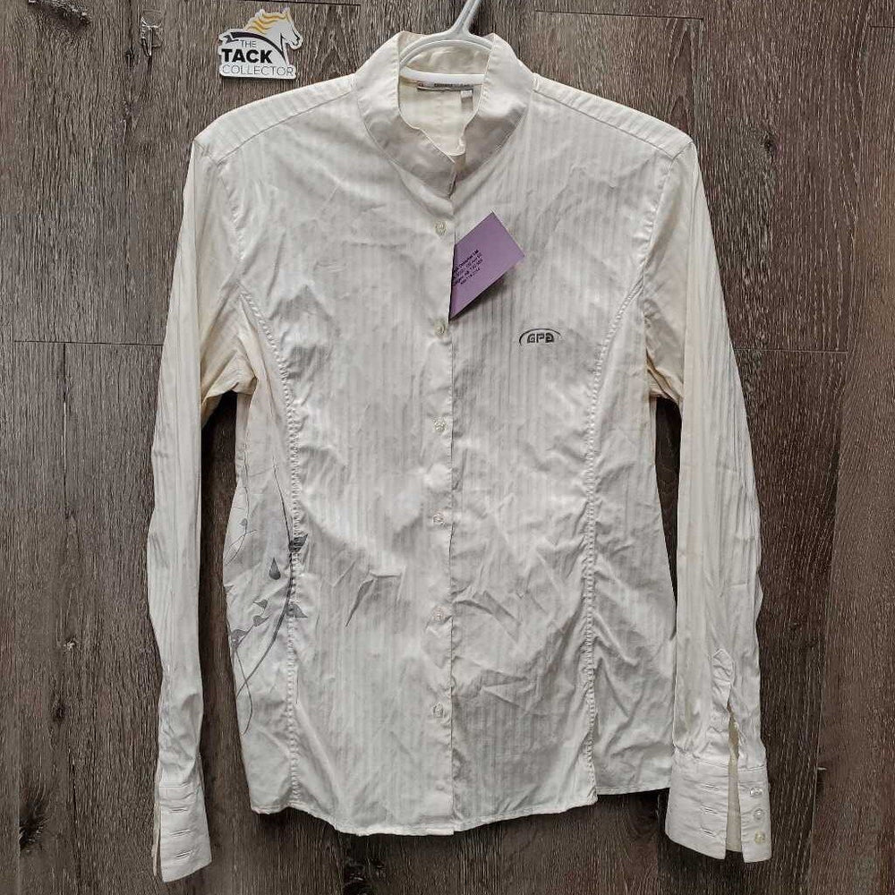 LS Show Shirt, snap collar *gc, older, pit stains, crinkled, seam puckers, dingy, puckers